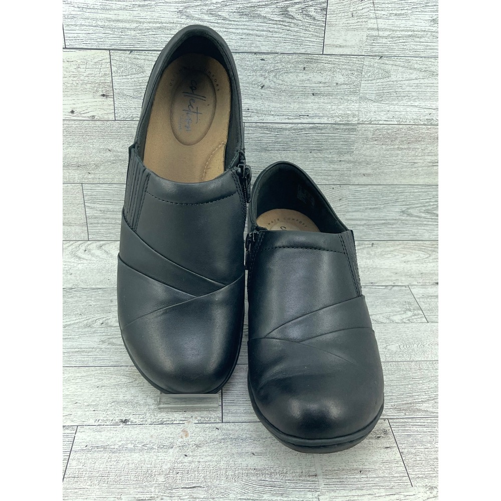 Clarks Collection Women Black Leather Ruched Zip Ankle Booties Size‎ 7.5 M